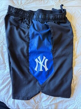 ✅Nike Men's Black Athletic Shorts with Blue Panel and White Yankees & Nike Logos